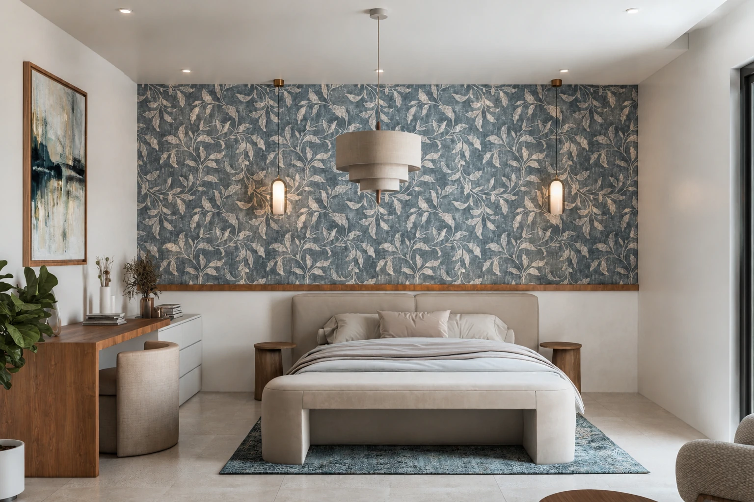 DAL Private Villa bedroom with upholstered bed, patterned wallcovering and timber dressing desk