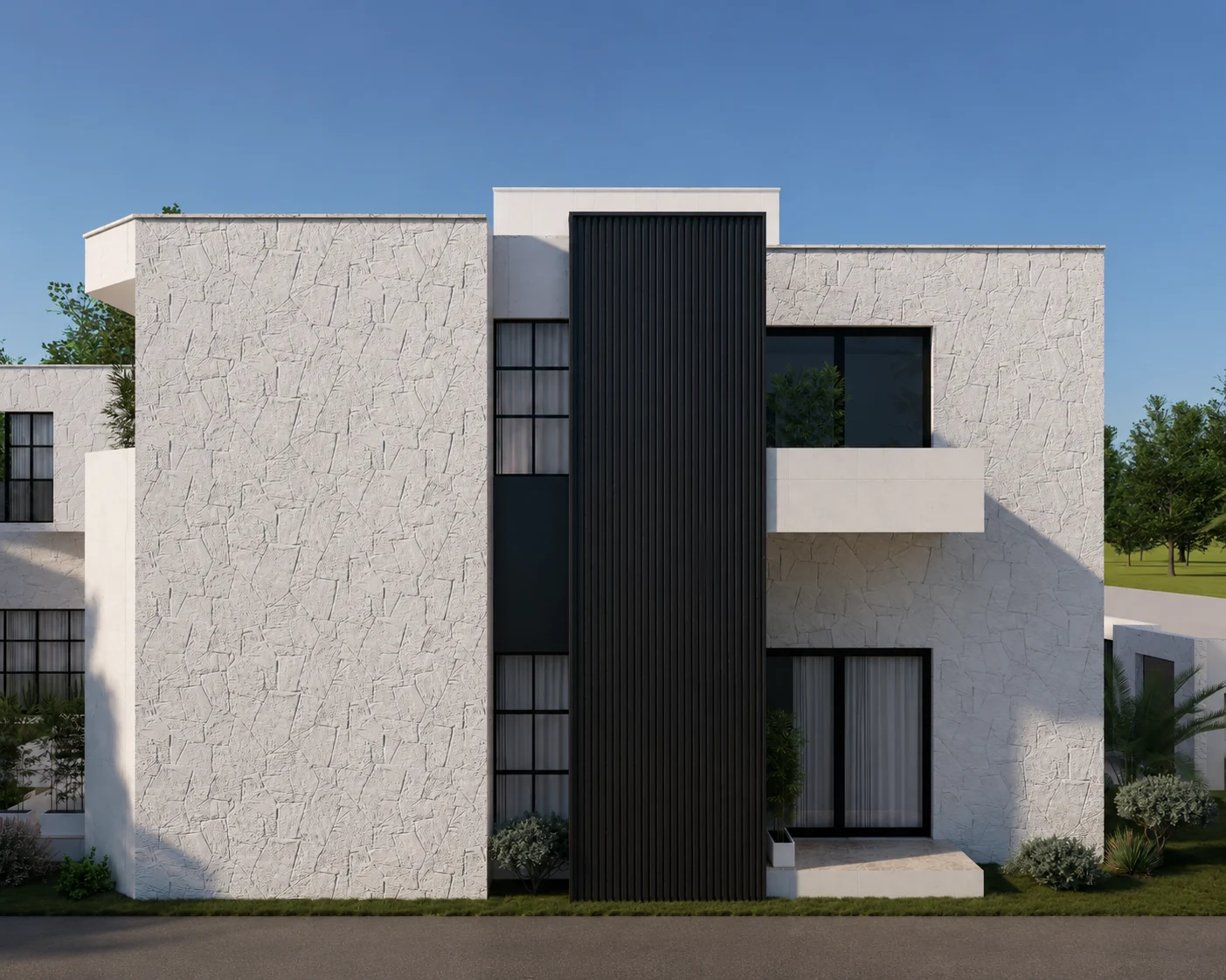 Contemporary private villa courtyard with tall glazed openings