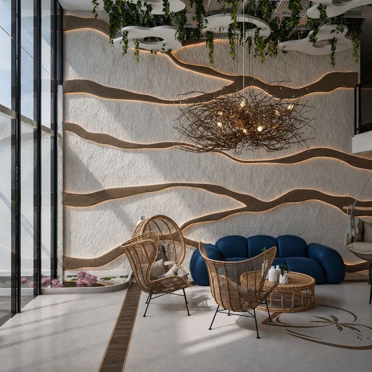 Hospitality lounge with woven seating and sculptural wall treatment