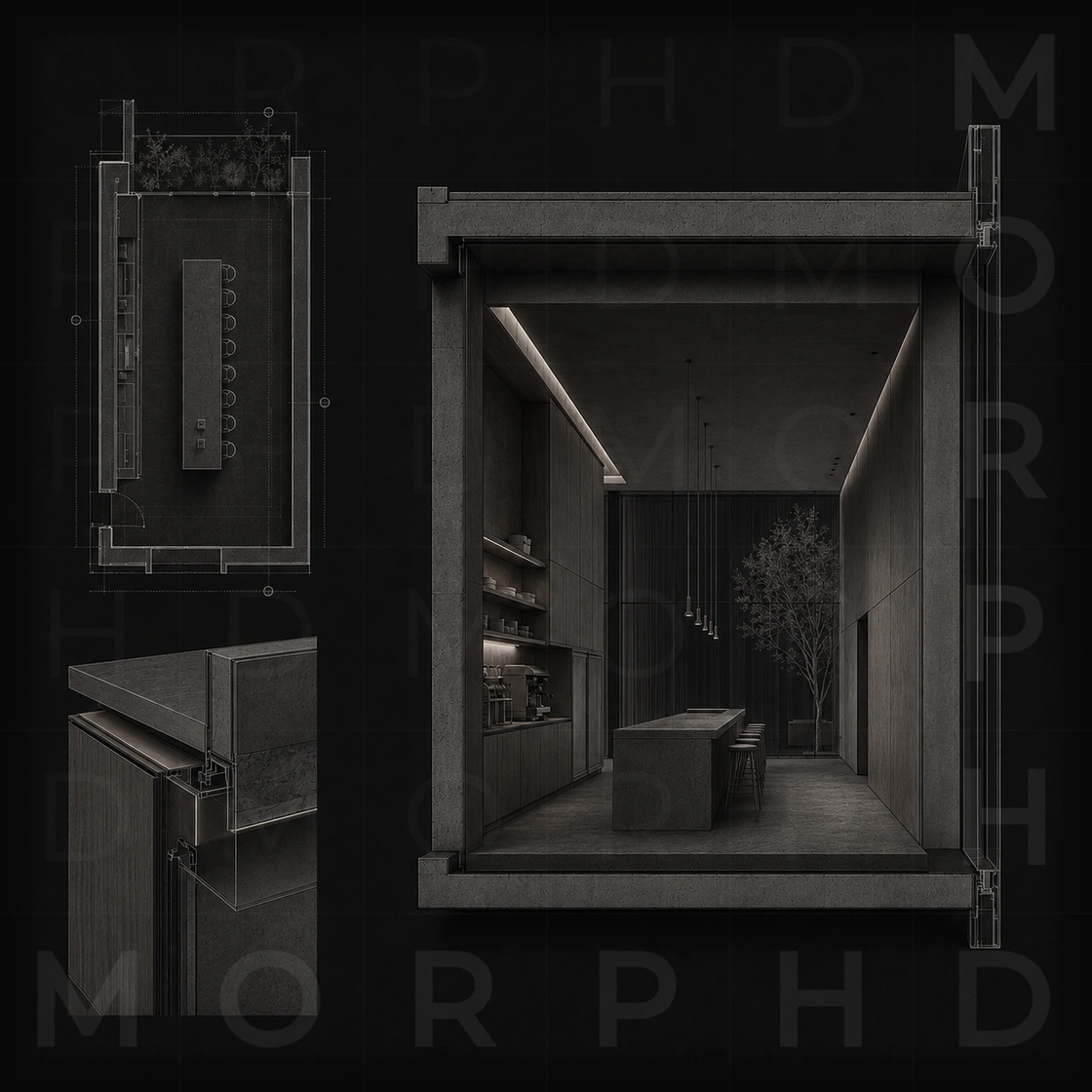 Interior design expressed as a plan resolving into inhabited space