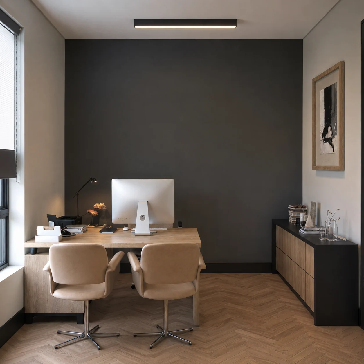 Executive office with dark feature wall and timber furniture