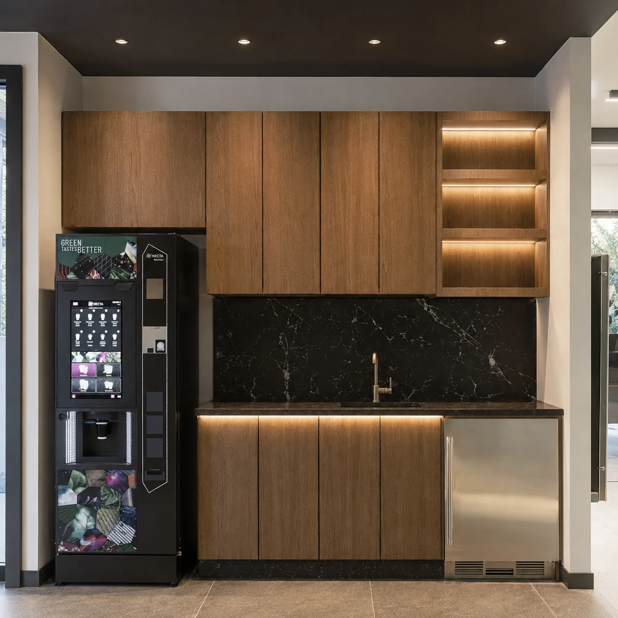 Integrated office kitchenette with timber cabinetry