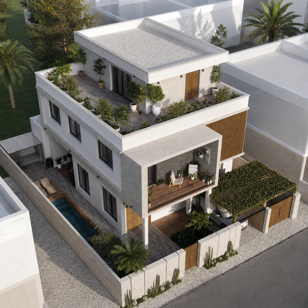 Aerial view showing the villa, terraces and pool
