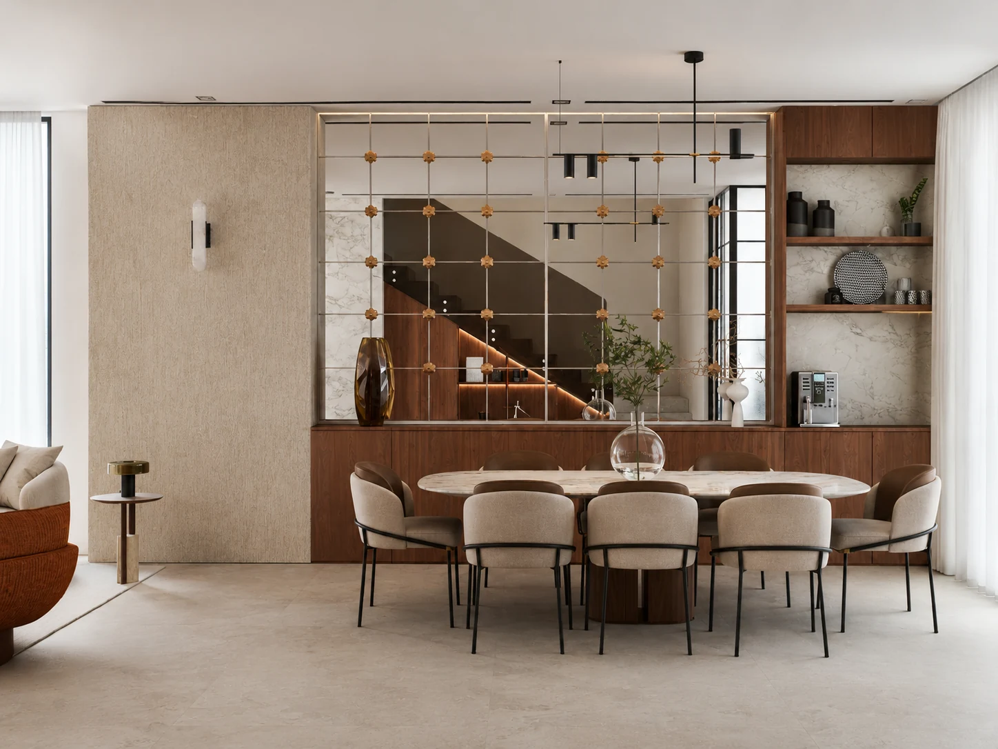 Dining room with decorative metal screen and timber storage