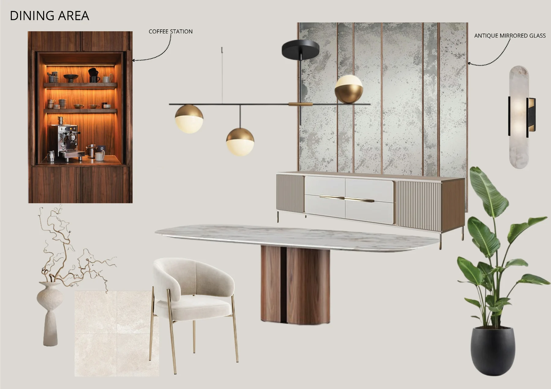 Dining area furniture and lighting moodboard