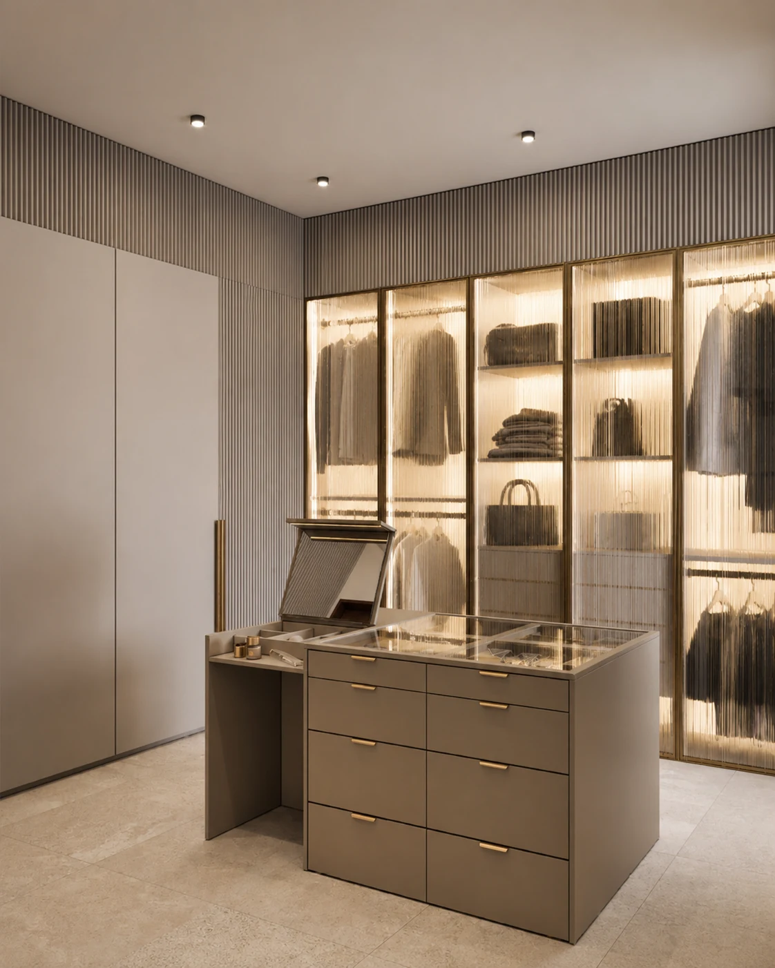 Compact dressing room with illuminated storage