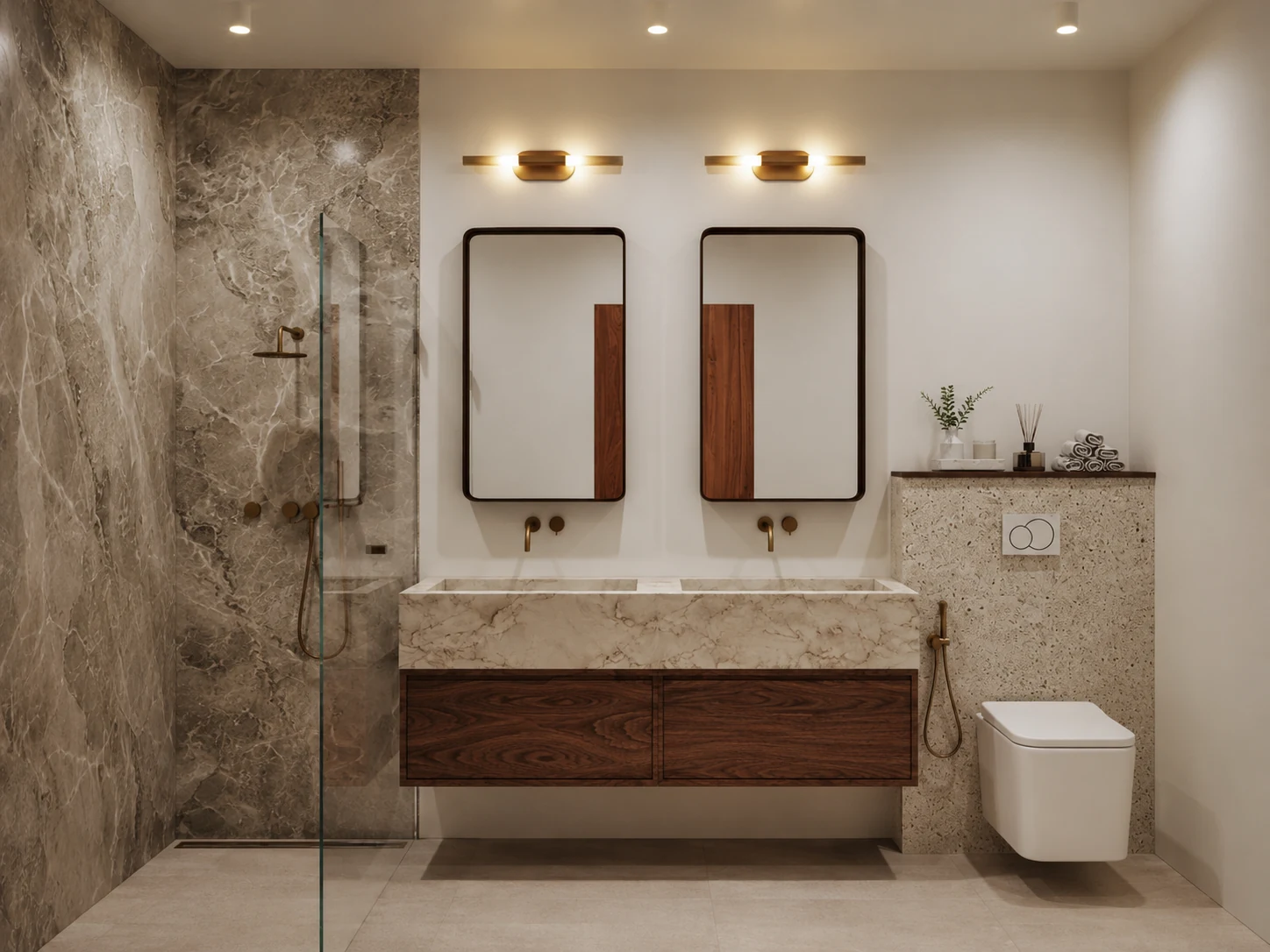 Master bathroom with stone surfaces and timber vanity