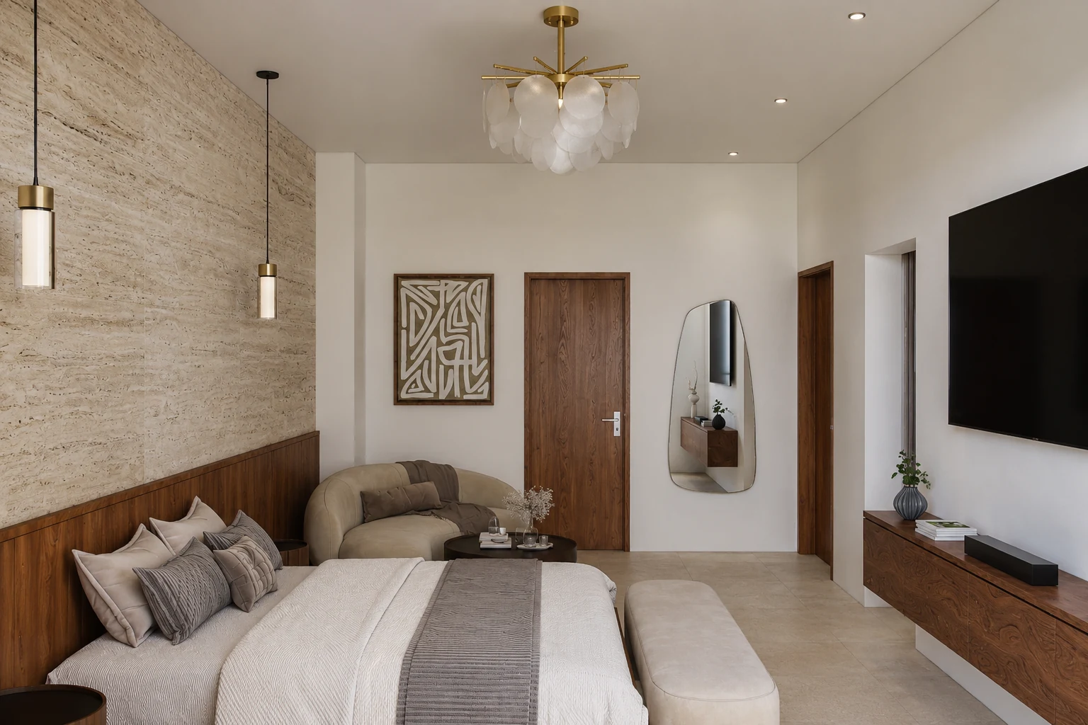 Master bedroom reverse view with media wall