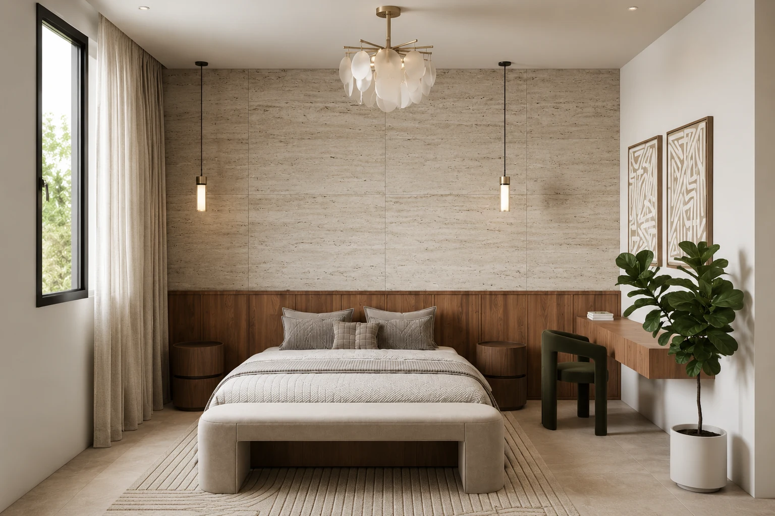 Master bedroom with integrated timber headboard and textured wall