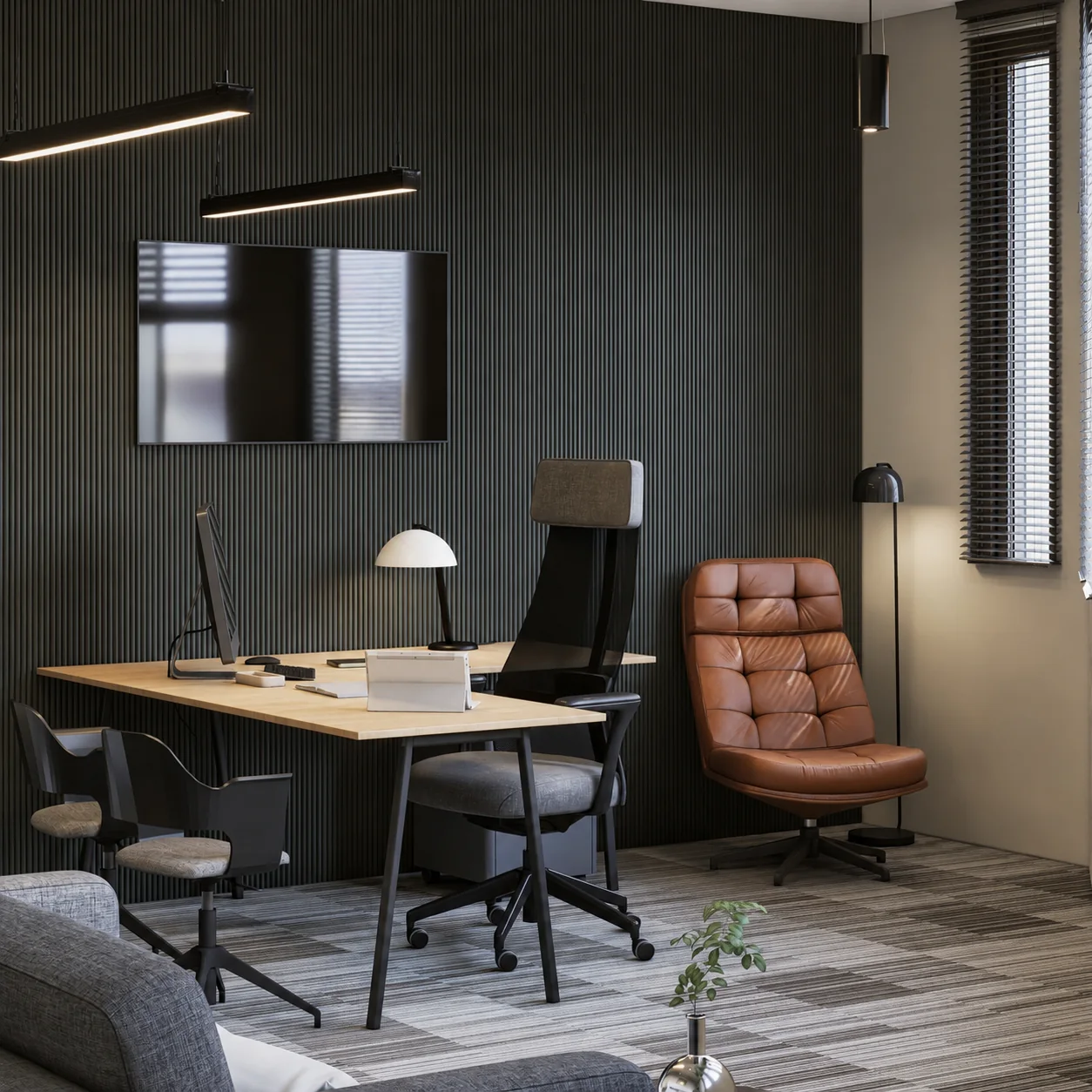 Executive office with dark green wall and warm timber furniture