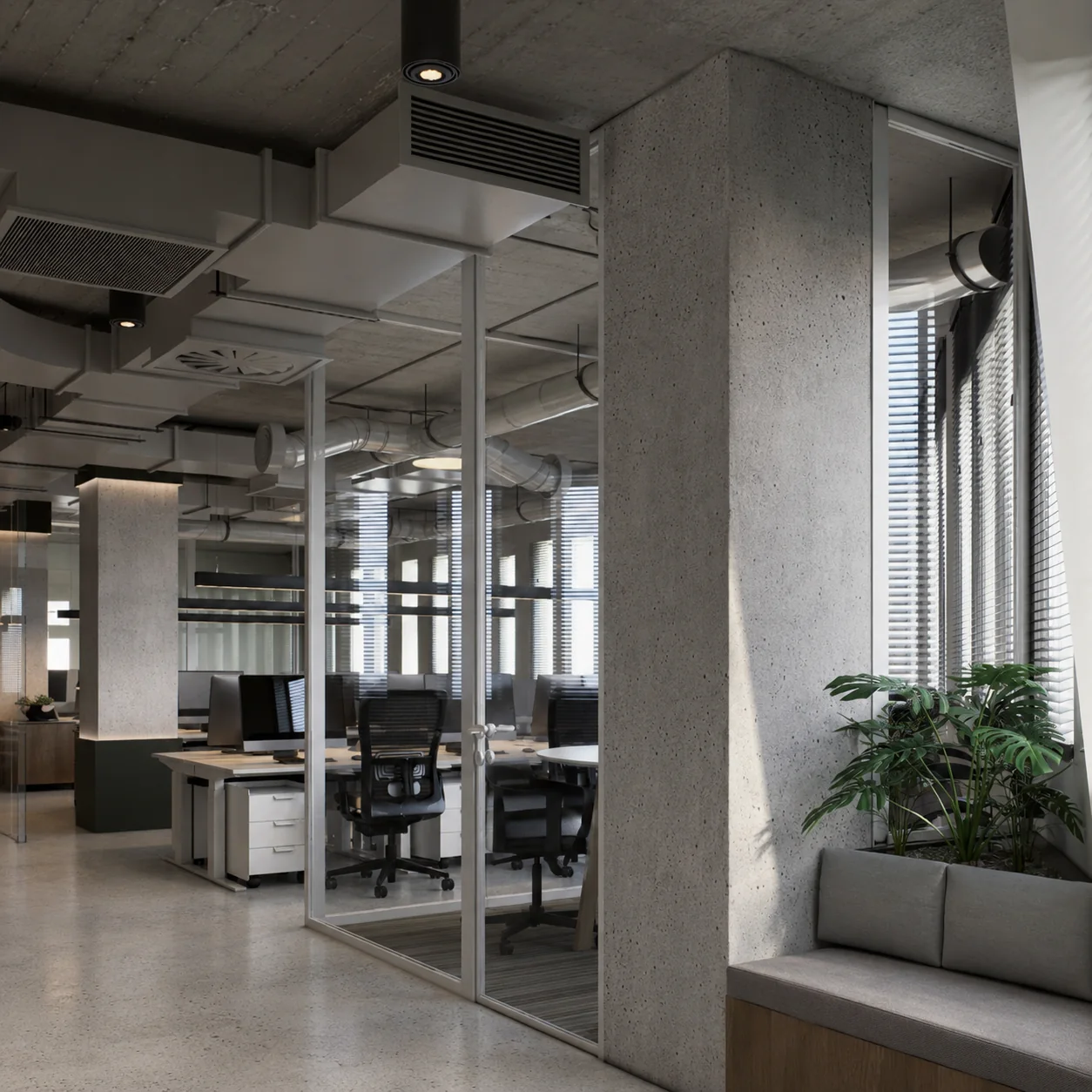 Glazed office edge and circulation route